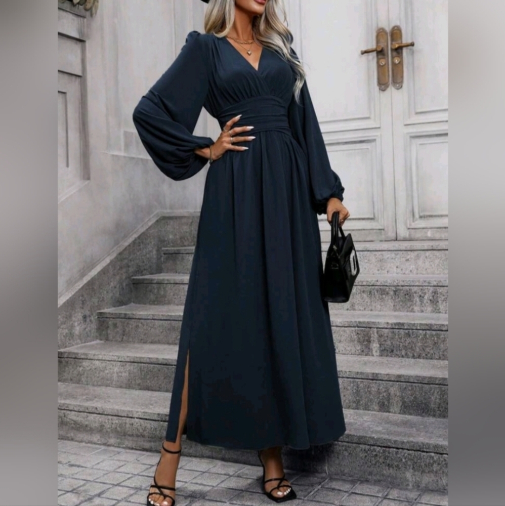 NEW Chic Ruched Waist Lantern Sleeve Maxi Dress Navy Blue - Picture 2 of 3